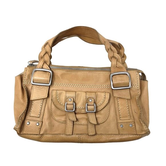 Fossil Genuine Leather Worn In Handbag Braided Handles & Buckle Details Tan - Picture 1 of 16